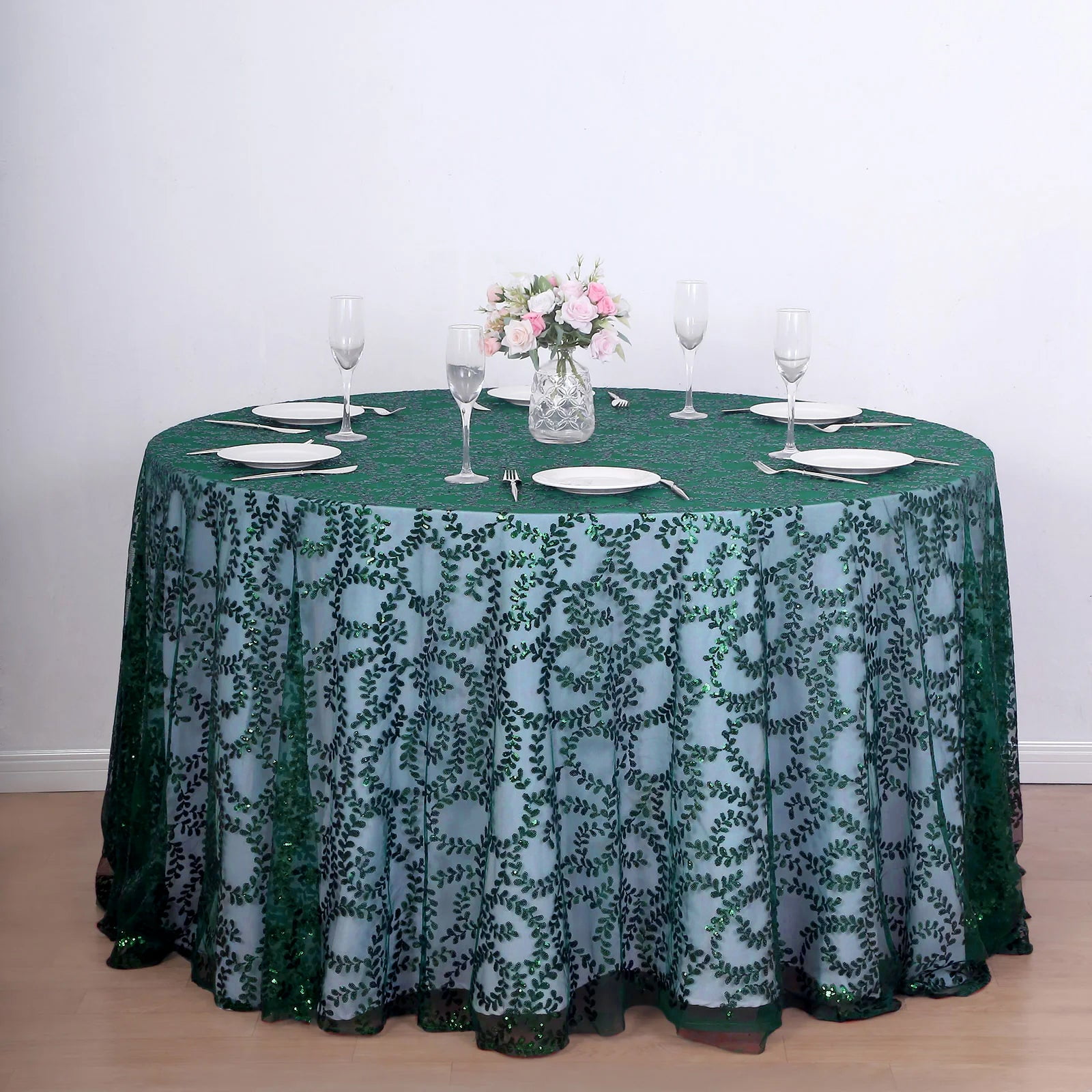 Efavormart 120" Hunter Emerald Green Sequin Leaf Embroidered Seamless ...