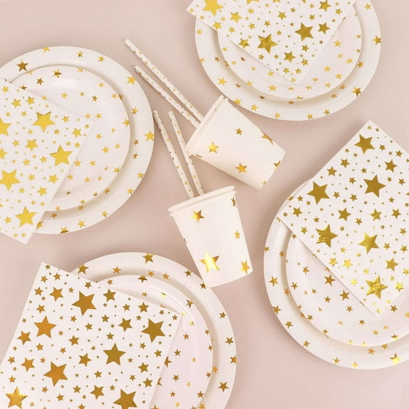 Efavormart 120 Pcs White/Gold Stars Disposable Party Supplies Kit, Paper Plates Cups Napkins Tableware Combo Pack
