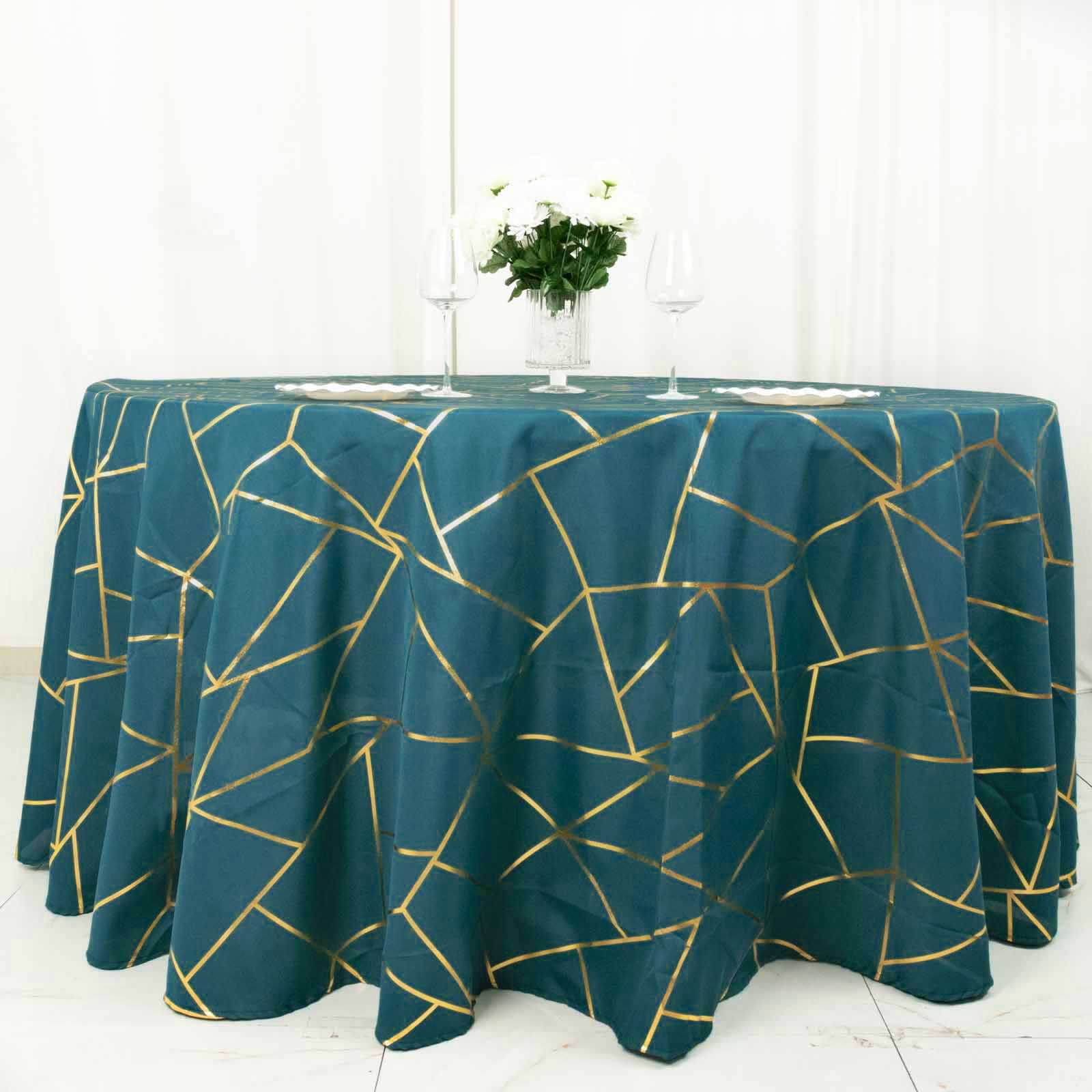 Efavormart 120" Peacock Teal Round Polyester Tablecloth With Gold Foil ...
