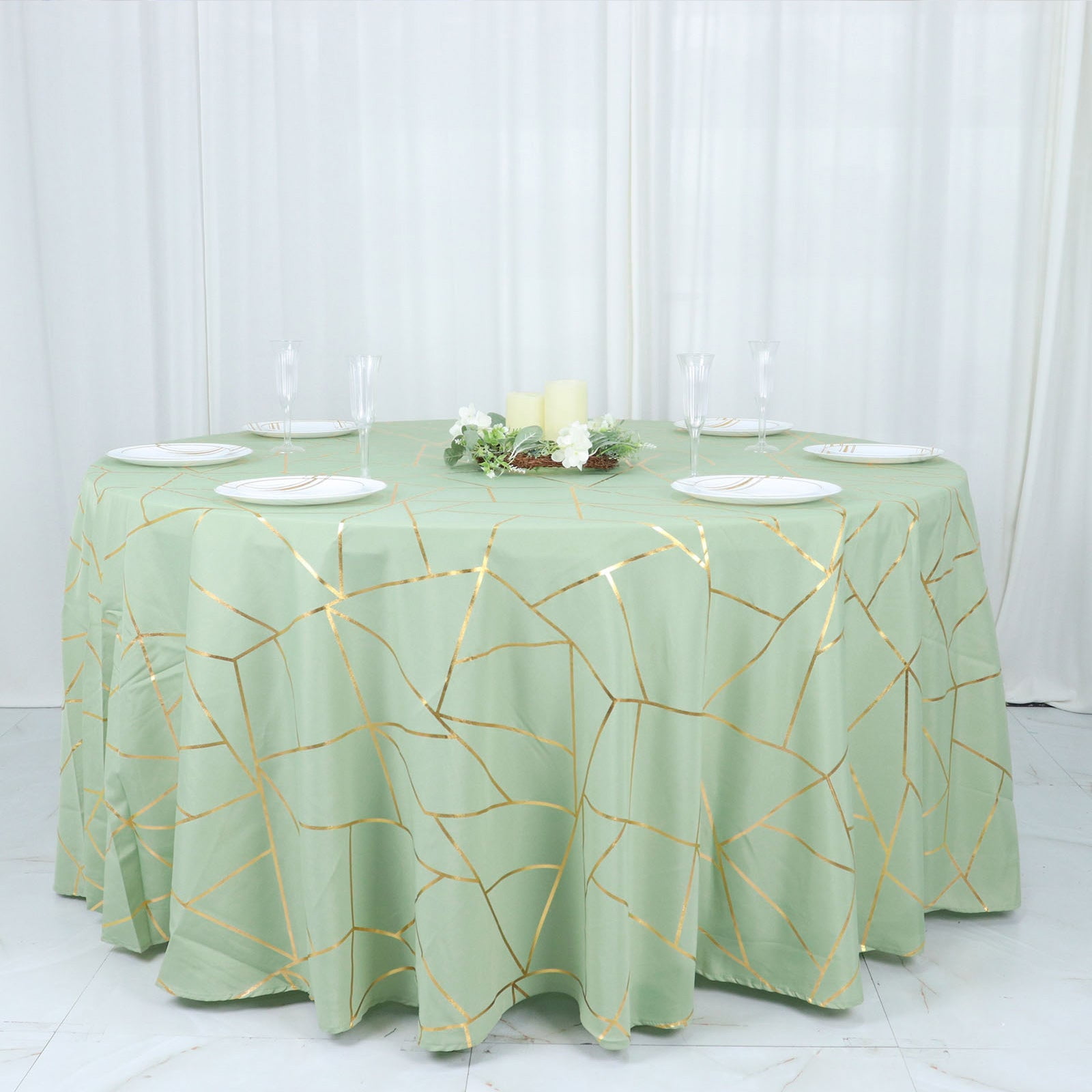 Efavormart 120" Sage Green Round Polyester Tablecloth With Gold Foil ...