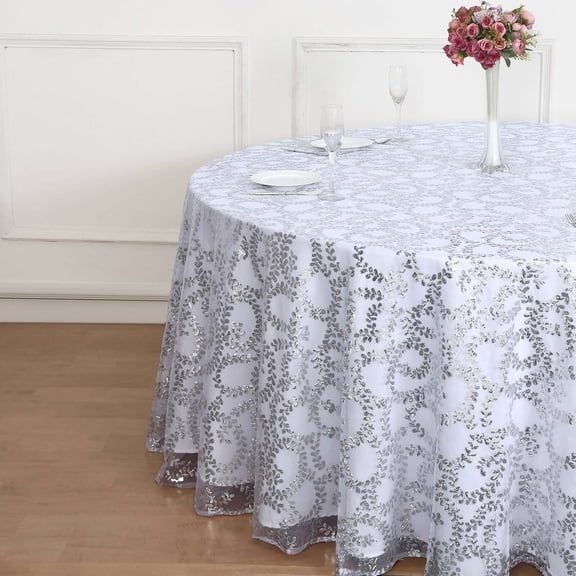 Efavormart 120" Silver Sequin Leaf Embroidered Seamless Tulle Round Tablecloth, Sheer Table Overlay