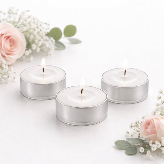 Efavormart 125 Pack Unscented White Tealight Candles, Dripless Wax in Metal Cups for Wedding, Party & Event – 1.5"W x 0.5"H
