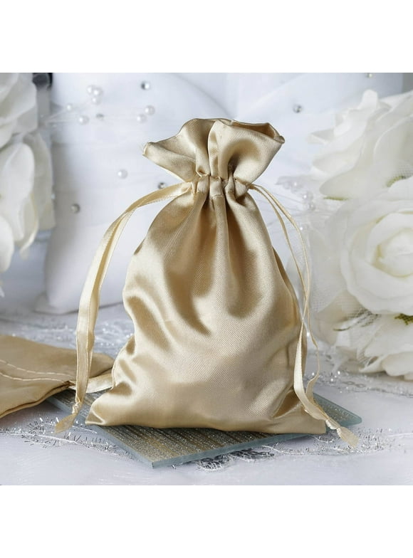 Efavormart 12PCS CHAMPAGNE Satin Gift Bag Drawstring Pouch Wedding Favors Bridal Shower Candy Jewelry Bags - 4"x 6"