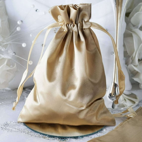 Efavormart 12PCS CHAMPAGNE Satin Gift Bag Drawstring Pouch Wedding Favors Bridal Shower Candy Jewelry Bags - 5"x7"