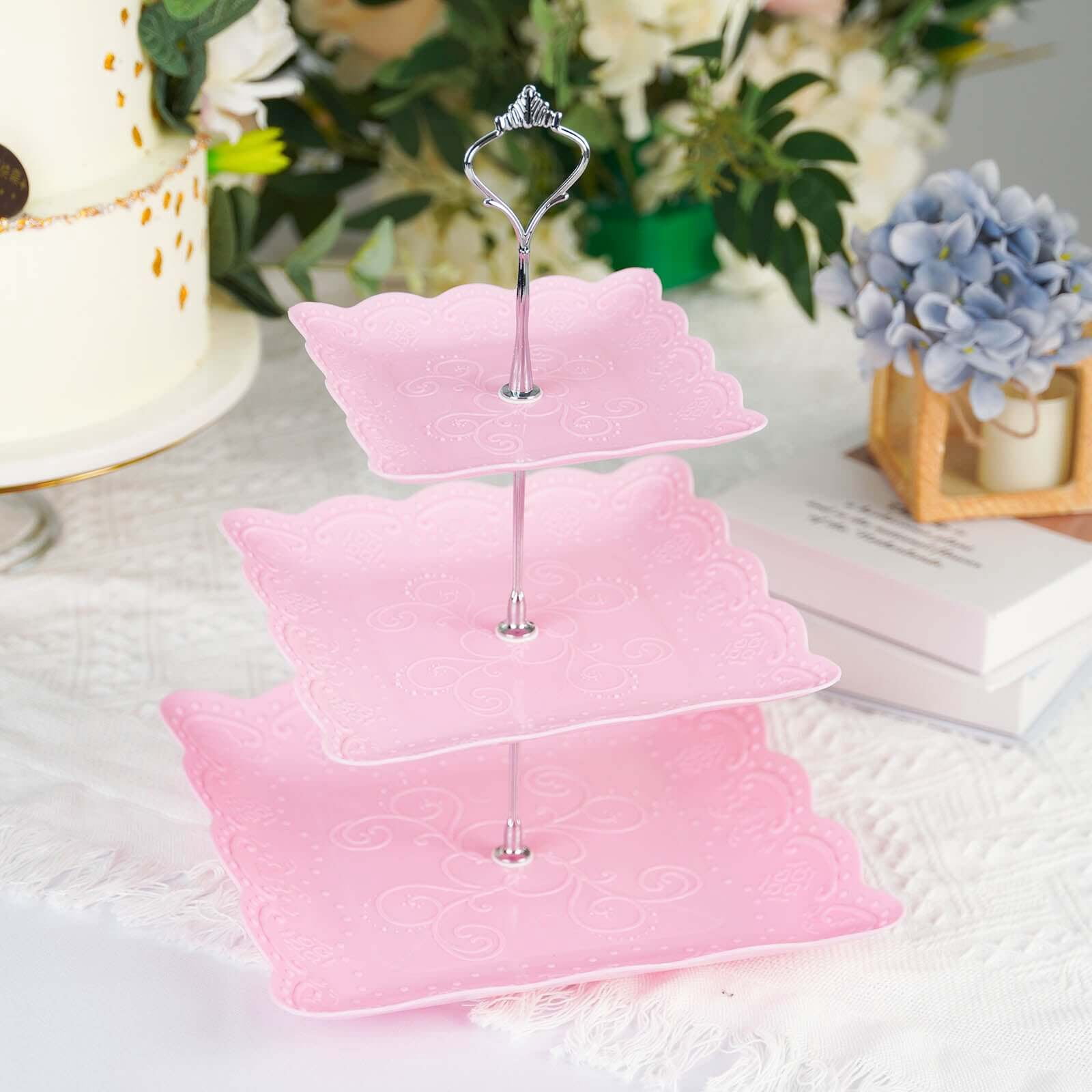 Efavormart 13" | 3 Tier Floral Print Cupcake Stand, Pink Square Dessert Tray Display Holder with Wavy Edges - Plastic