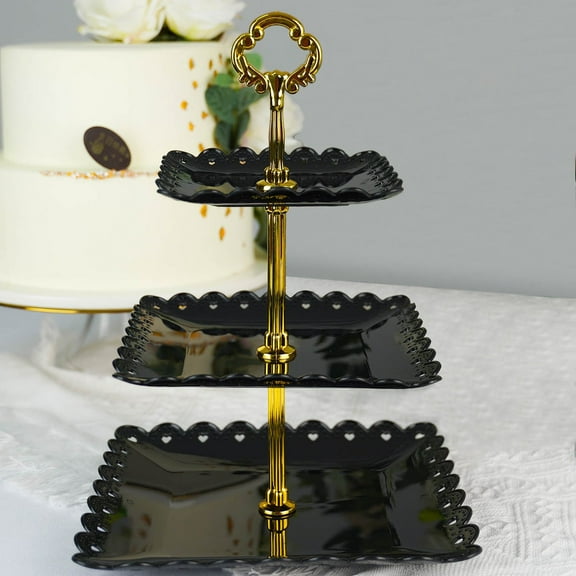 Efavormart 13" Black 3-Tier Square Cupcake Stand, Dessert Holder - Plastic With Heart Design Scalloped Edges