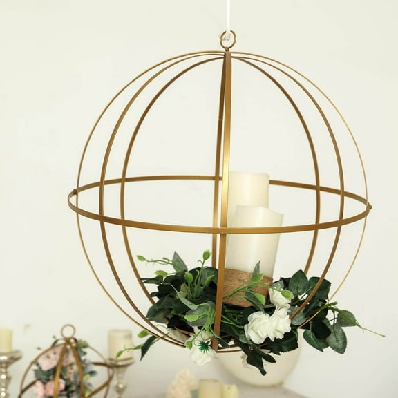 Efavormart 13" Gold Wrought Iron Folding Ball Floral Sphere | Geometric Hanging Vase Holder