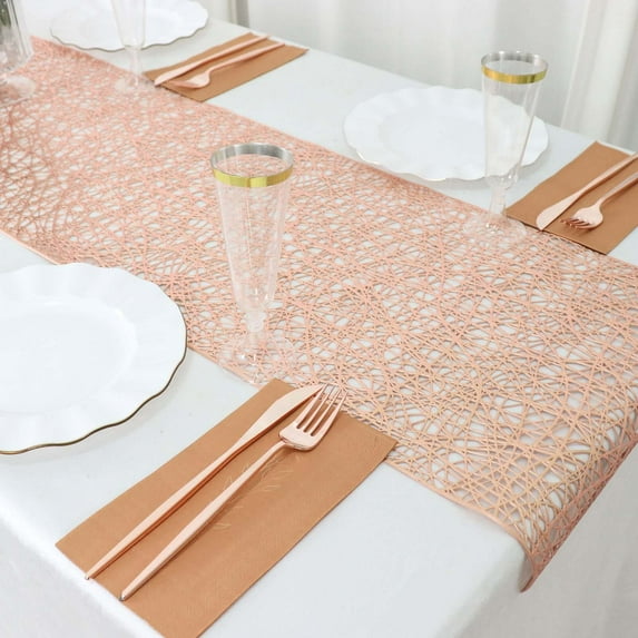 Efavormart 13"X6ft Metallic Blush / Rose Gold Non-Slip Plastic Woven Vinyl Table Runner, Reversible Tabletop Runner
