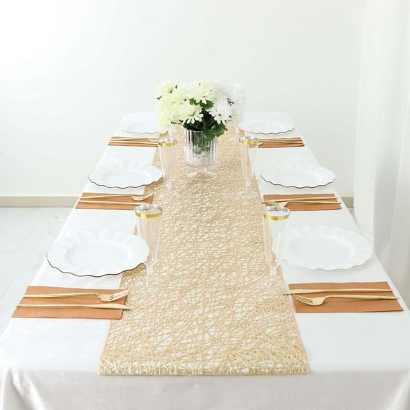 Efavormart 13"X6ft Metallic Gold Non-Slip Plastic Woven Vinyl Table Runner, Reversible Tabletop Runner