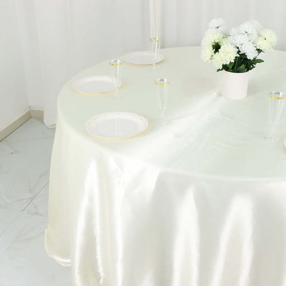 Efavormart 132 Inch Satin Round Tablecloth, Washable Linen Table Cover, Decorative Silky Fabric for Wedding, Party, Banquet Events - Ivory