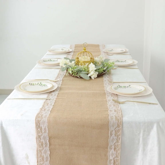 Efavormart 14"X104" Natural Jute Burlap Table Runner With White Lace Trim Edges, Boho Chic Rustic Decor