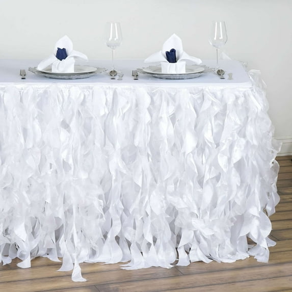 Efavormart 14ft Enchanting Curly Willow Taffeta Table Skirt for Kitchen Dining Catering Wedding Birthday Party Events - White