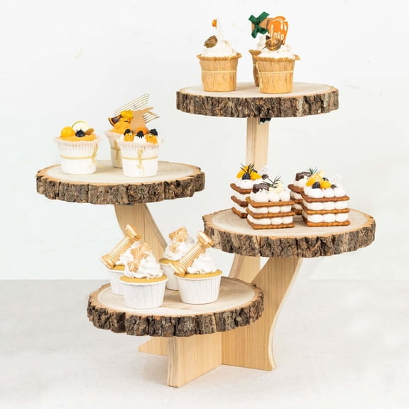Efavormart 15" Tall 4-Tier Natural Farmhouse Style Wood Slice Cupcake Stand Holder, Rustic Dessert Display Cake Stand