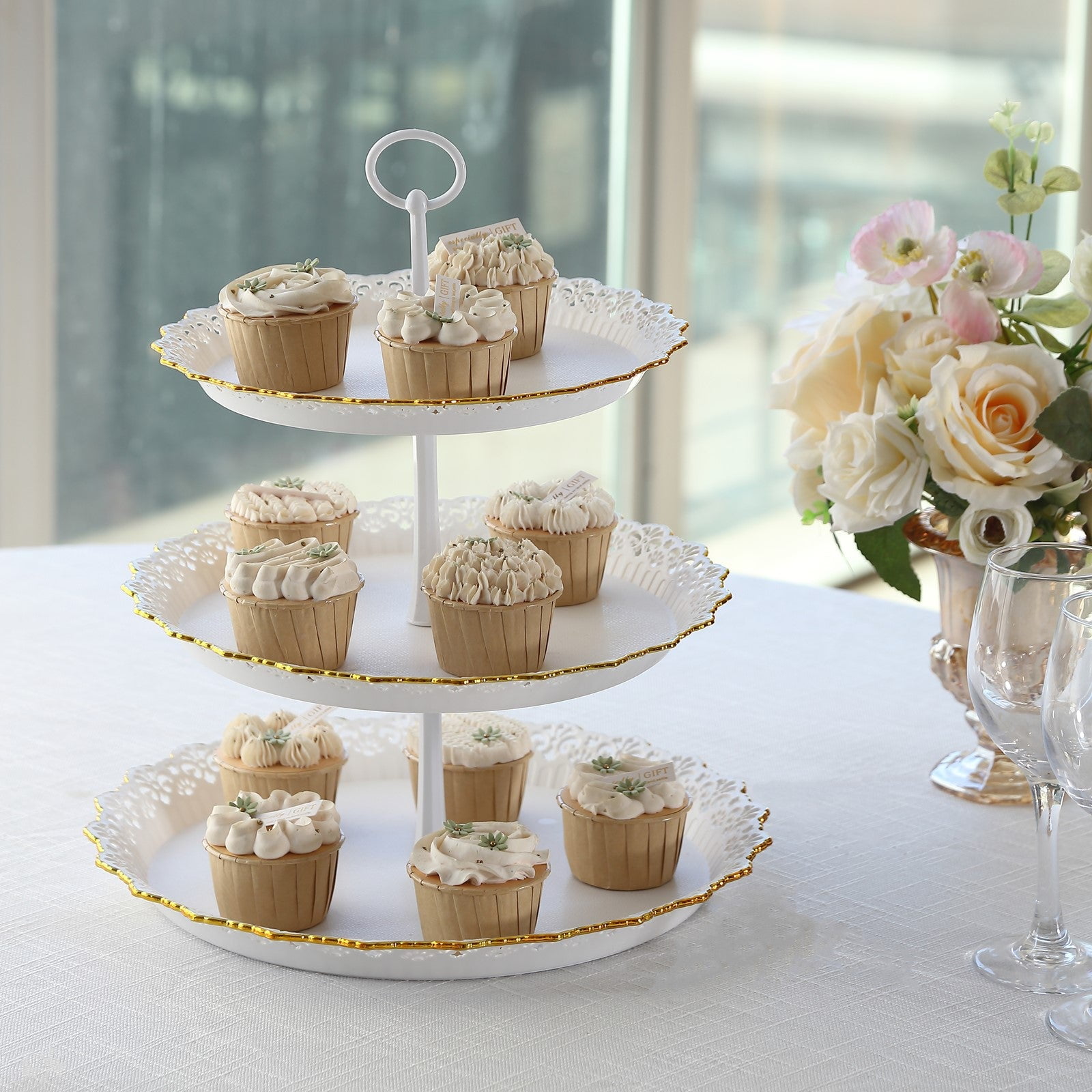 Efavormart 15" White 3-Tier Plastic Cupcake Tray Tower With Gold Scalloped Edges, Reusable Round ...