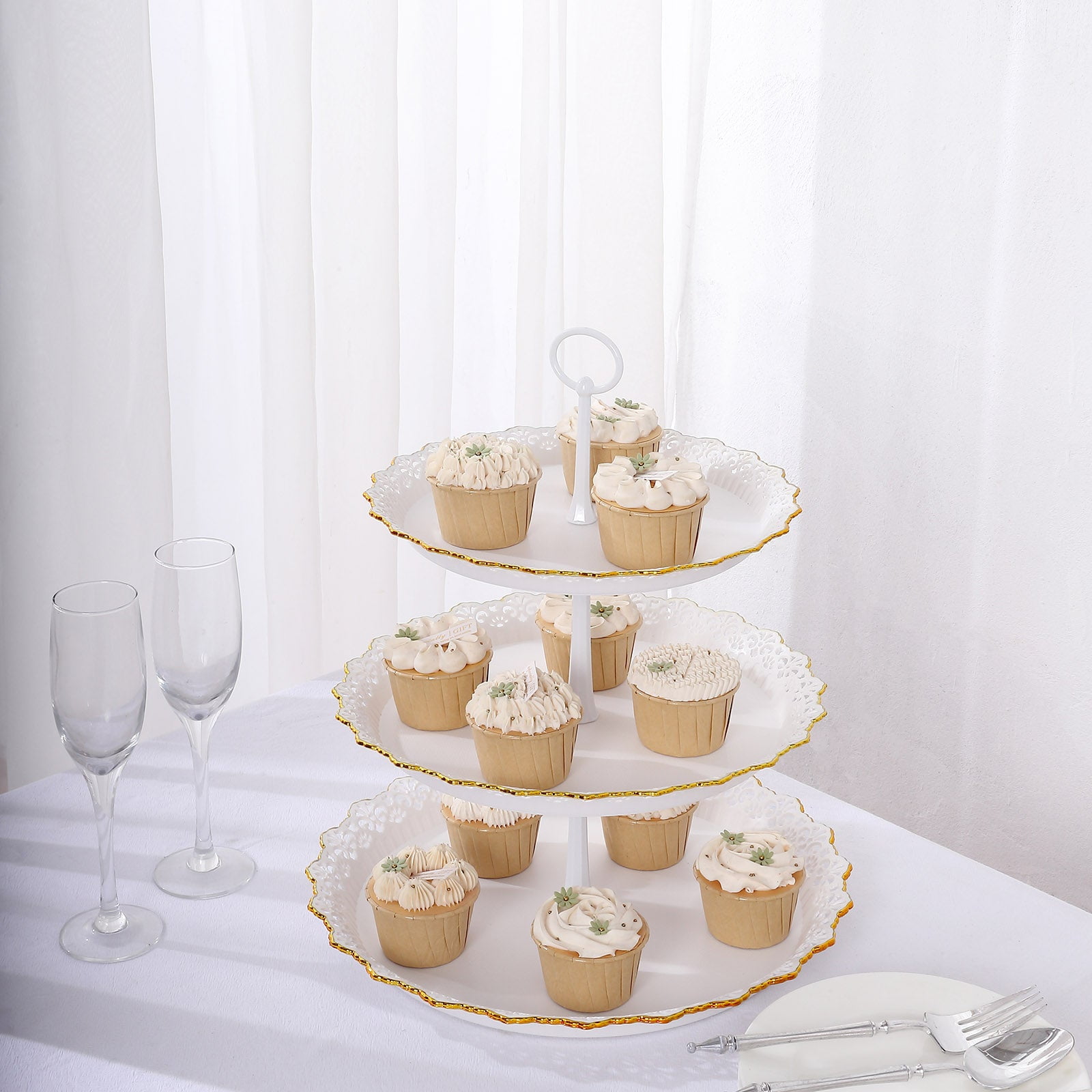 Efavormart 15" White 3-Tier Plastic Cupcake Tray Tower With Gold Scalloped Edges, Reusable Round ...