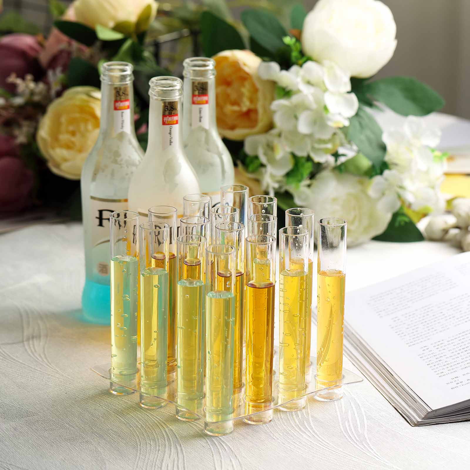 Efavormart 16 Pack Clear 1oz Test Tube Disposable Plastic Shot Glasses With Tray for Wedding, Party, Banquet, Home, Picnic, Outdoor Disposable Dinnerware, Bar, Nightclub, Acrylic Ice Crystals Decor