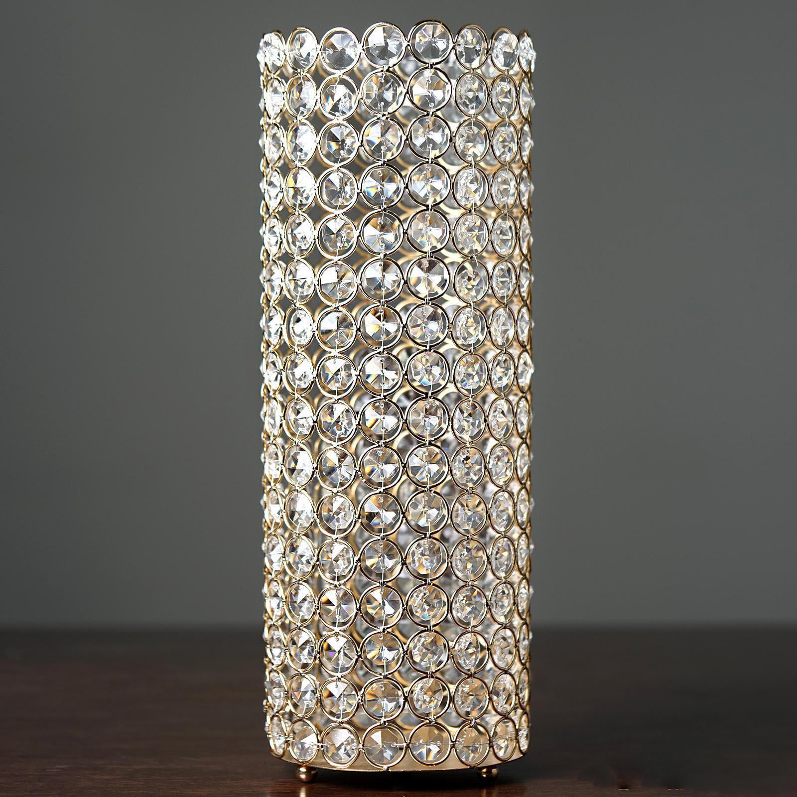Efavormart 16" Tall Shiny Gold Metal Full Crystal Beaded Pillar Candle ...