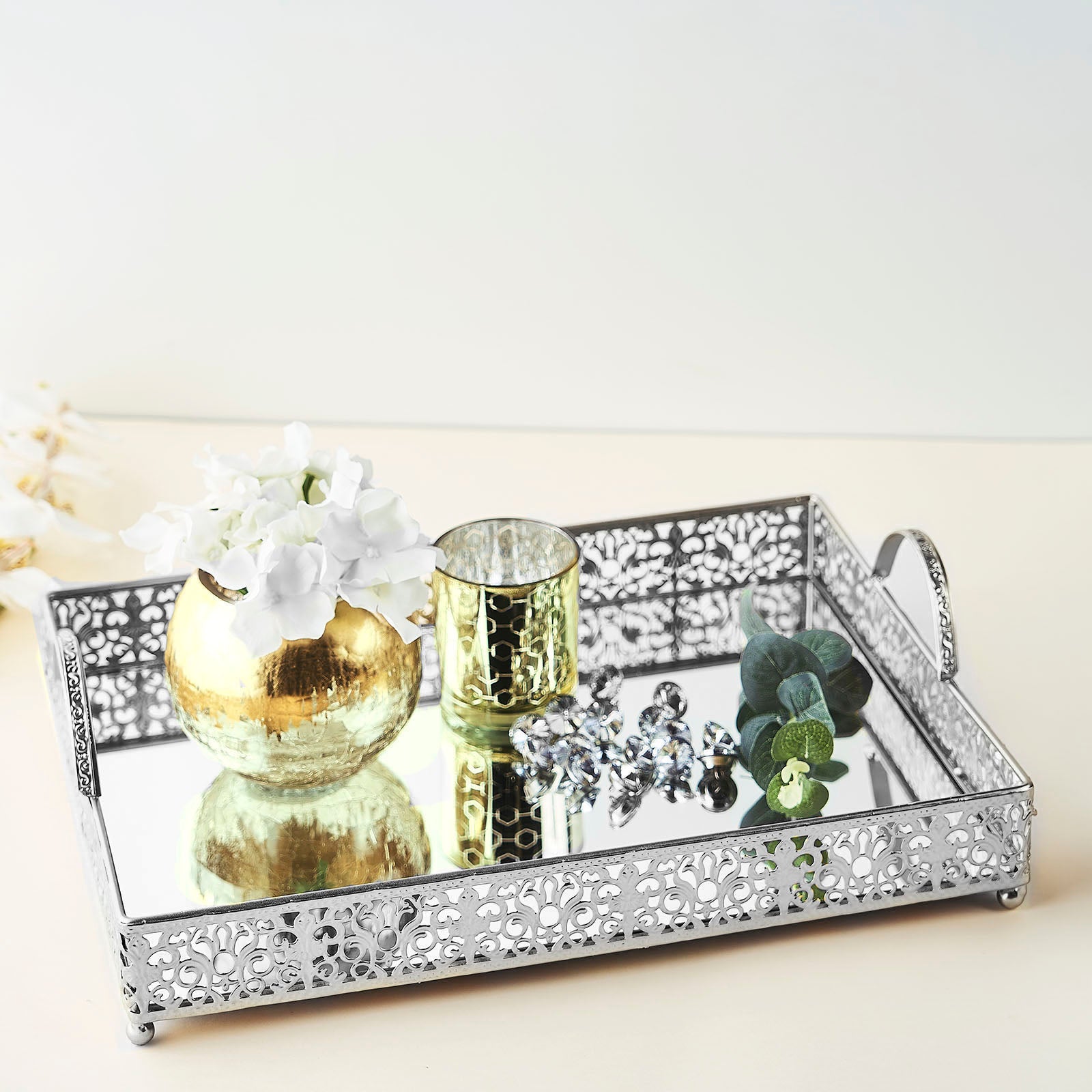 Efavormart 16"x12" Lace Silver Metal Decorative Serving Trays with