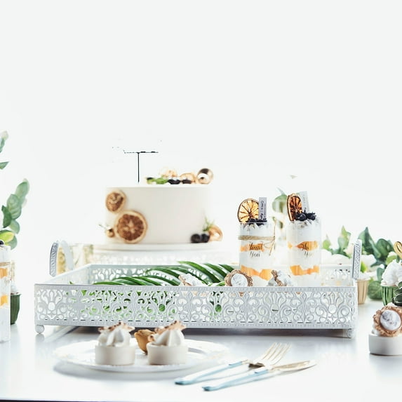 Efavormart 16"x12" Lace White Metal Decorative Serving Trays with Handles, Rectangle Mirrored Vanity Trays for Party, Wedding Tray, Kitchen Decoration, and Sweets Farmhouse Tray