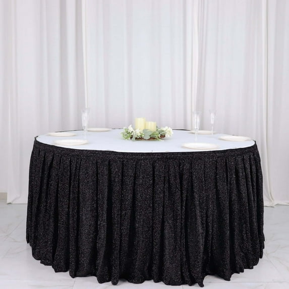 Efavormart 17ft Black Shiny Metallic Spandex Pleated Table Skirt, Glitter Semi-Sheer Table Skirt with Top Strip for Dining Catering Wedding