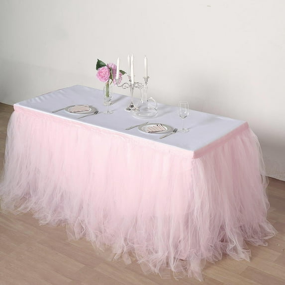 Efavormart 17ft FULL SIZE 4 Layer Fluffy Tulle - Tutu Table Skirt for Dining Catering Wedding Birthday Party Events - Blush