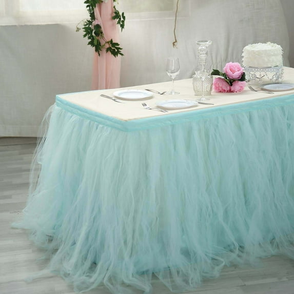 Efavormart 17ft FULL SIZE 4 Layer Fluffy Tulle - Tutu Table Skirt for Dining Catering Wedding Birthday Party Events - Serenity Blue
