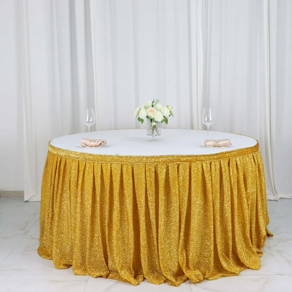 Efavormart 17ft Gold Shiny Metallic Spandex Pleated Table Skirt, Glitter Semi-Sheer Table Skirt with Top Strip for Dining Catering Wedding