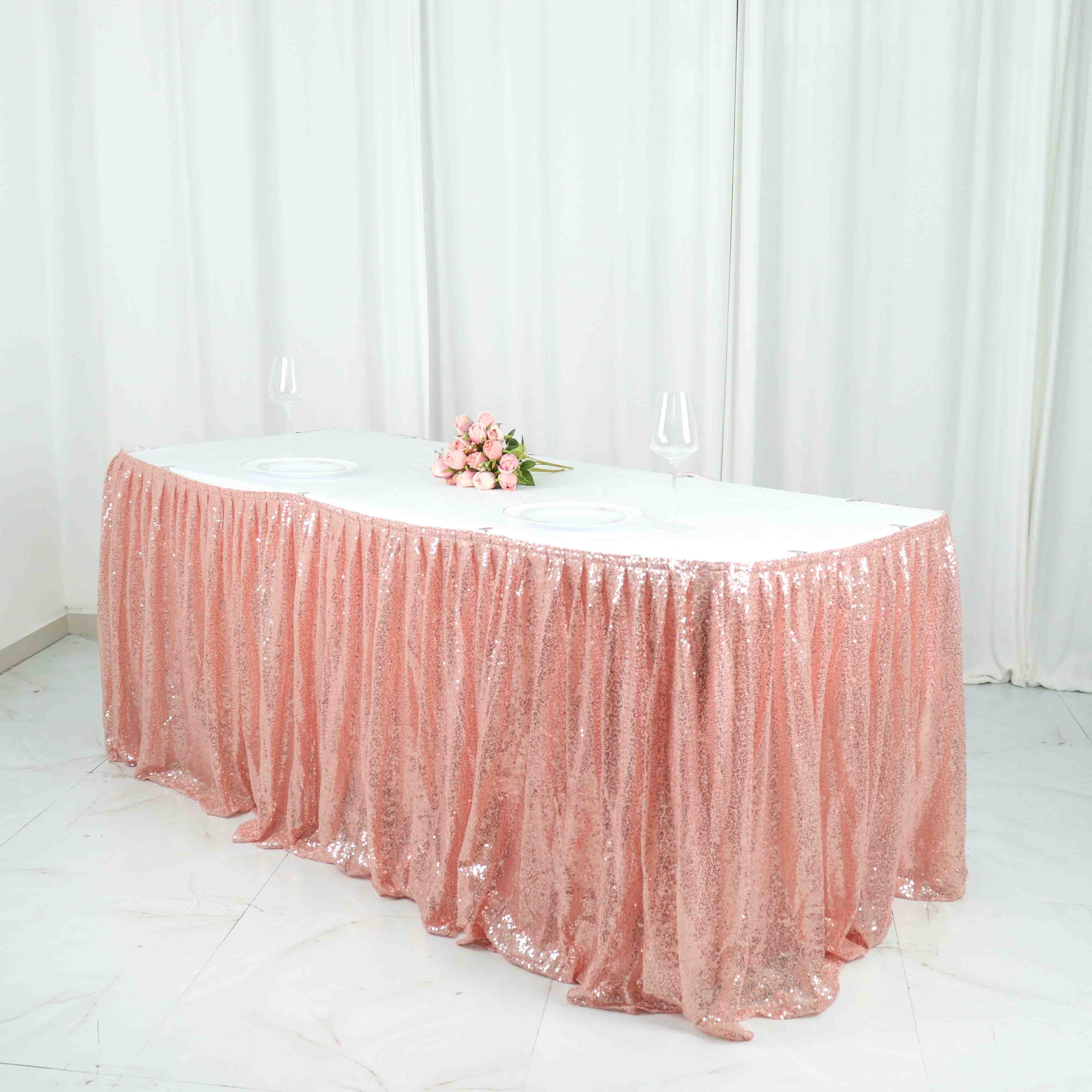 Efavormart 17ft Sparkly Blush/Rose gold Sequin Pleated Satin Table Skirt With Top Strip ...