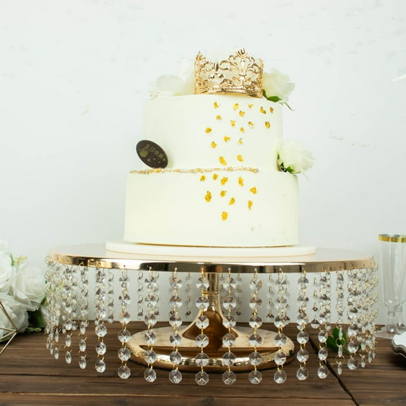 Efavormart 18" Round Metallic Gold Chandelier Cupcake Dessert Display Centerpiece, Pedestal Cake Stand Plate With Hanging Crystal Chains