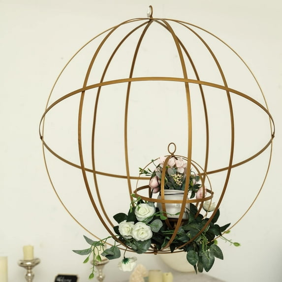 Efavormart 19" Gold Wrought Iron Folding Ball Floral Sphere | Geometric Hanging Vase Holder