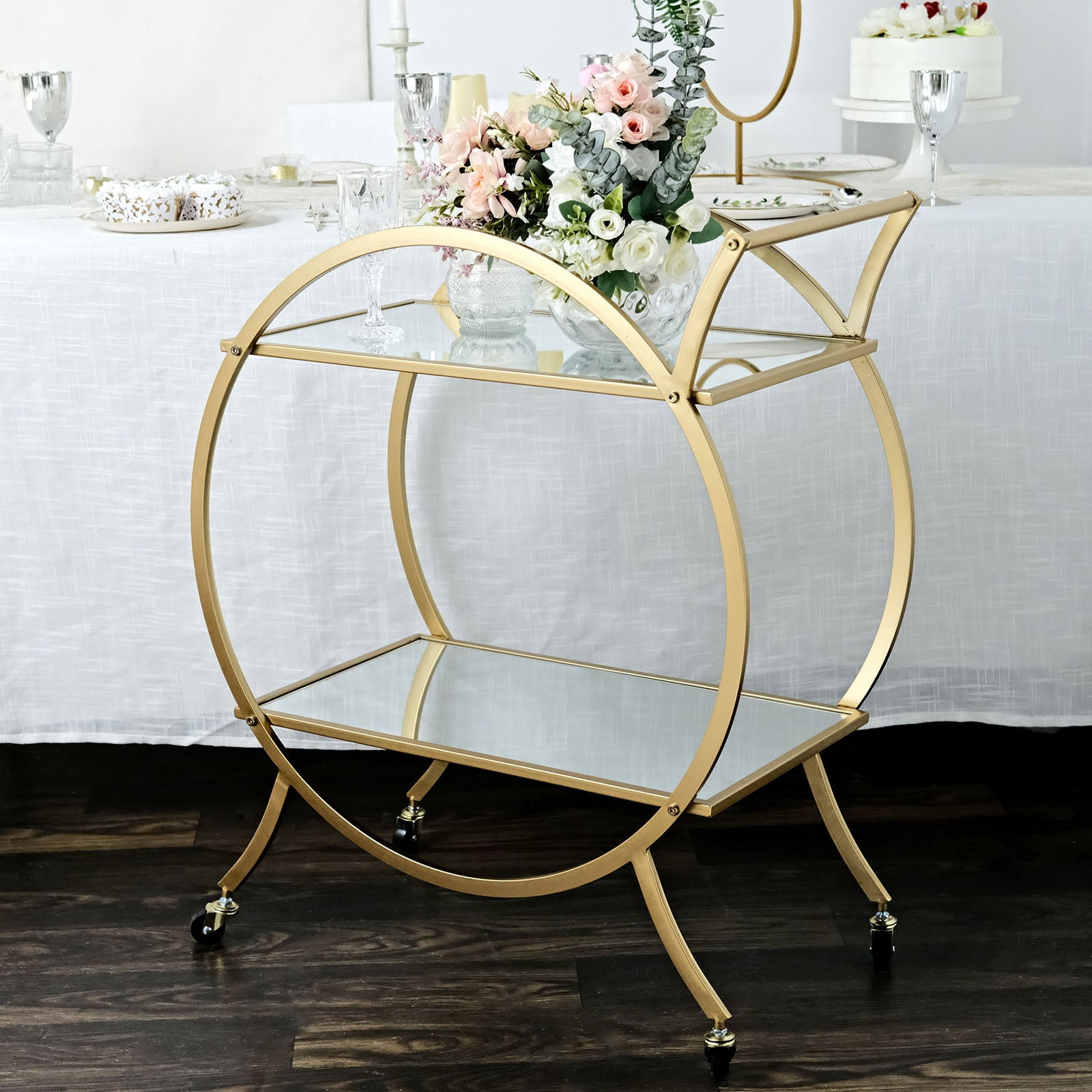 Efavormart 2.5ft Tall Gold Metal 2-Tier Bar Cart Mirror Serving Tray ...