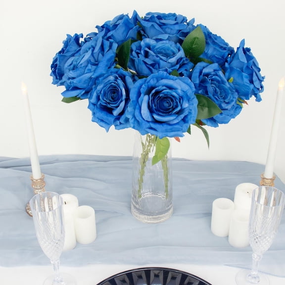 Efavormart 2 Bushes | 17" Royal Blue Premium Silk Open Rose Flower Bouquet, High Quality Artificial Wedding Floral Arrangements