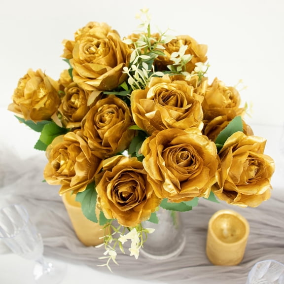 Efavormart 2 Bushes | 18" Gold Artificial Silk Rose Flower Arrangements, Real Touch Long Stem Flower Bouquet
