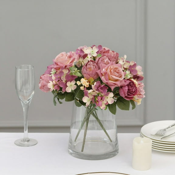 Efavormart 2 Pack | 12"  Dusty Rose Artificial Assorted Peony Flower Bouquets, Silk Floral Arrangements