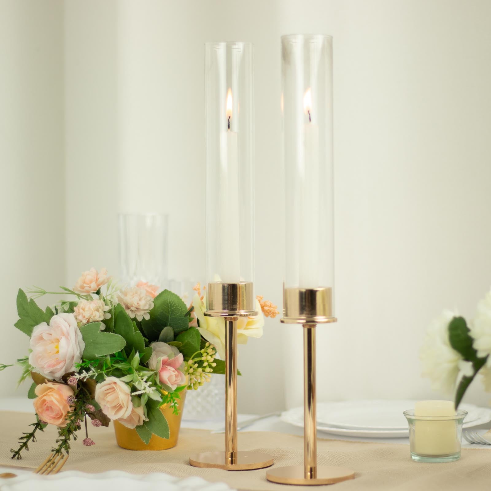 Efavormart 2 Pack | 16" Tall Gold Metal Clear Glass Taper Candlestick