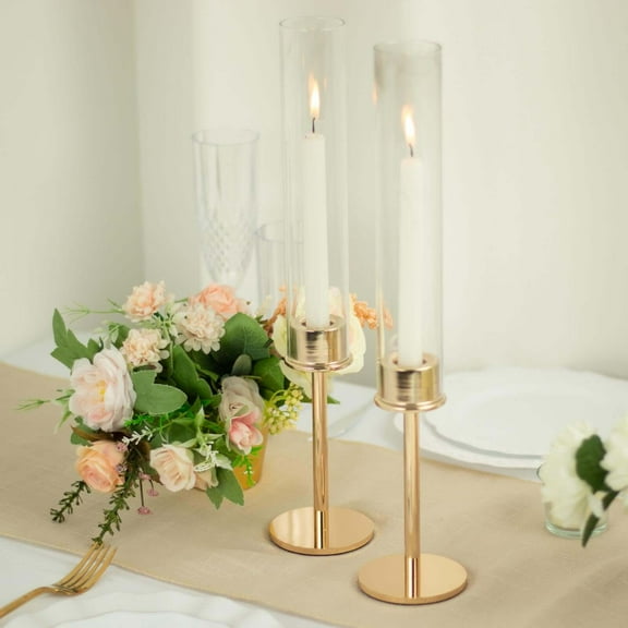 Efavormart 2 Pack | 16" Tall Gold Metal Clear Glass Taper Candlestick Holders, Hurricane Candle Stands
