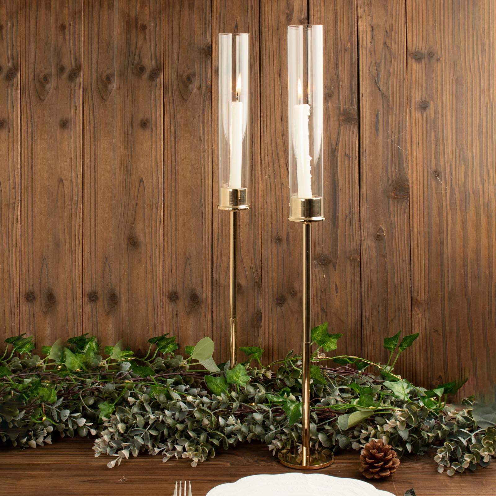 Efavormart 2 Pack | 24" Tall Gold Metal Clear Glass Taper Candlestick ...