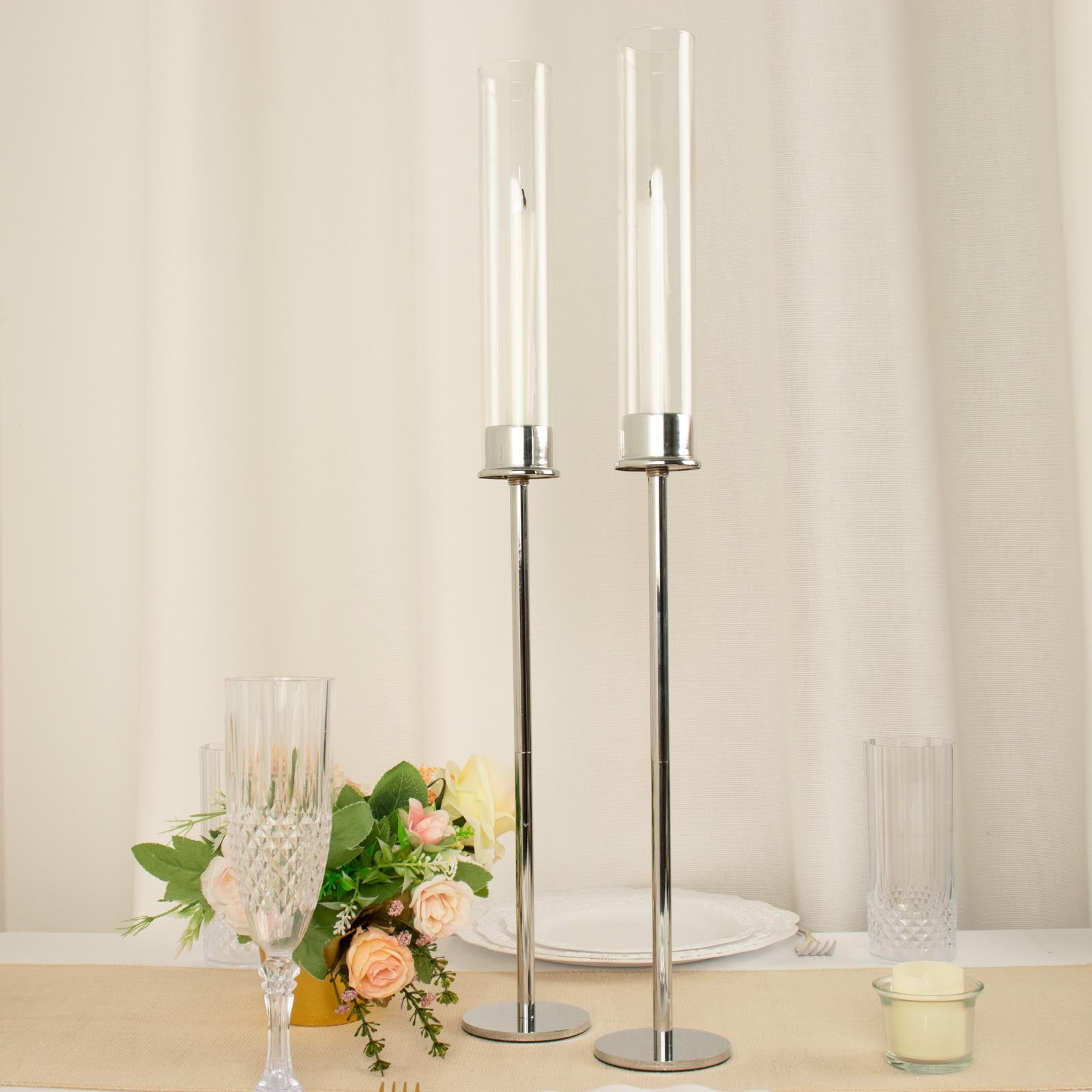 Efavormart Set of 2 | 24" Tall Silver Metal Clear Glass Cylinder Taper ...