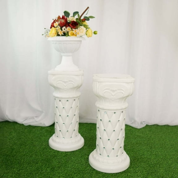 Efavormart 2 Pack 25" Tall White PVC 10mm Crystal Beaded Studded French Inspired Pedestal Column Stand for Floral Arrangements, Wedding, Aisle Decor, DIY Background Designing