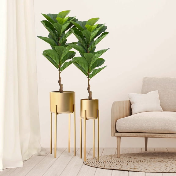 Efavormart 2 Pack | 3.2ft Indoor Faux Fiddle Leaf Fig Tree Planter With Pot, Artificial Plant Decor