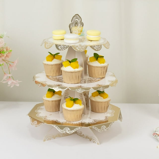 Efavormart 2-Pack 3-Tier Round Cupcake Stands with Vintage Floral Pattern, White Gold Cardboard Dessert Towers - 15"