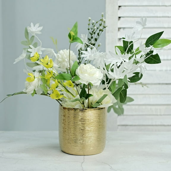 Efavormart 2 Pack | 5" Gold Textured Round Ceramic Flower Plant Pots, Cylindrical Metallic Gold Brushed Indoor Planter Pot