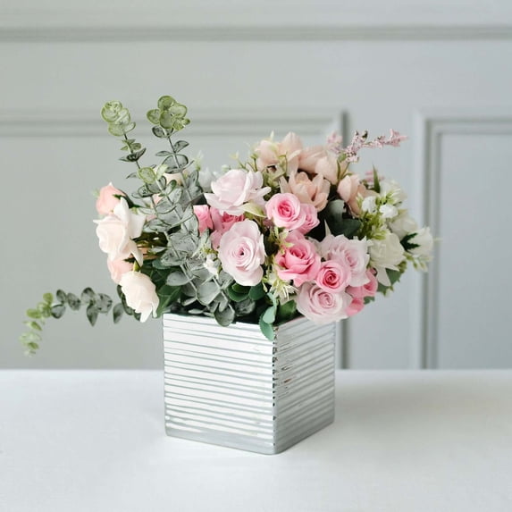 Efavormart 2 Pack | 5" Silver Brush Textured Ceramic Square Flower Plant Box, Cube Shaped Planter Pots