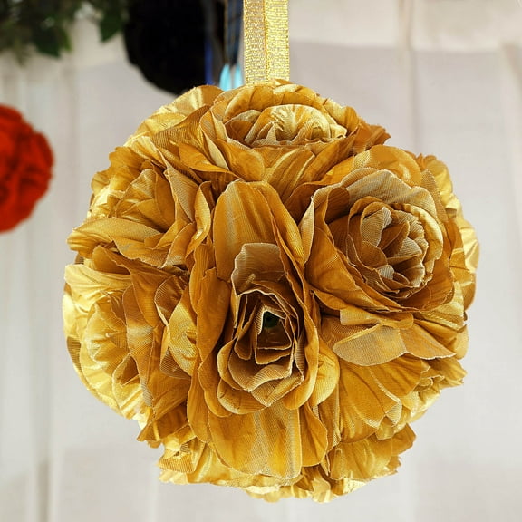 Efavormart 2 Pack | 7" Gold Flower Ball Silk Rose Pomander Kissing Ball
