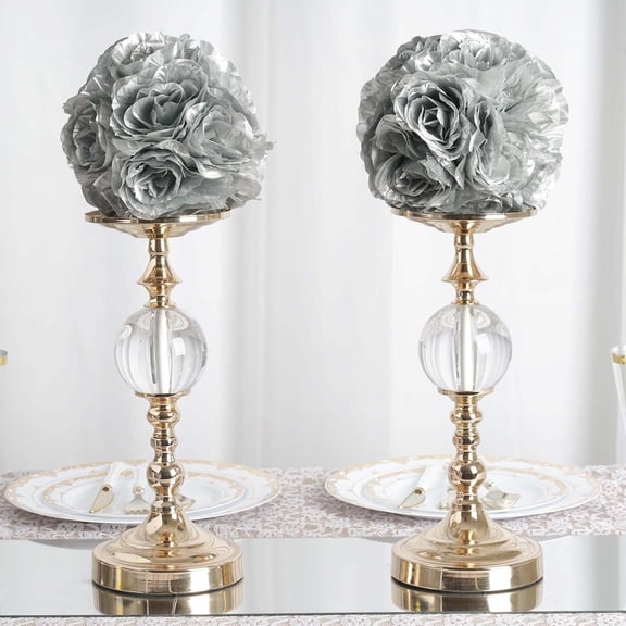 Efavormart 2 Pack | 7" Silver Flower Ball Silk Rose Pomander Kissing Ball