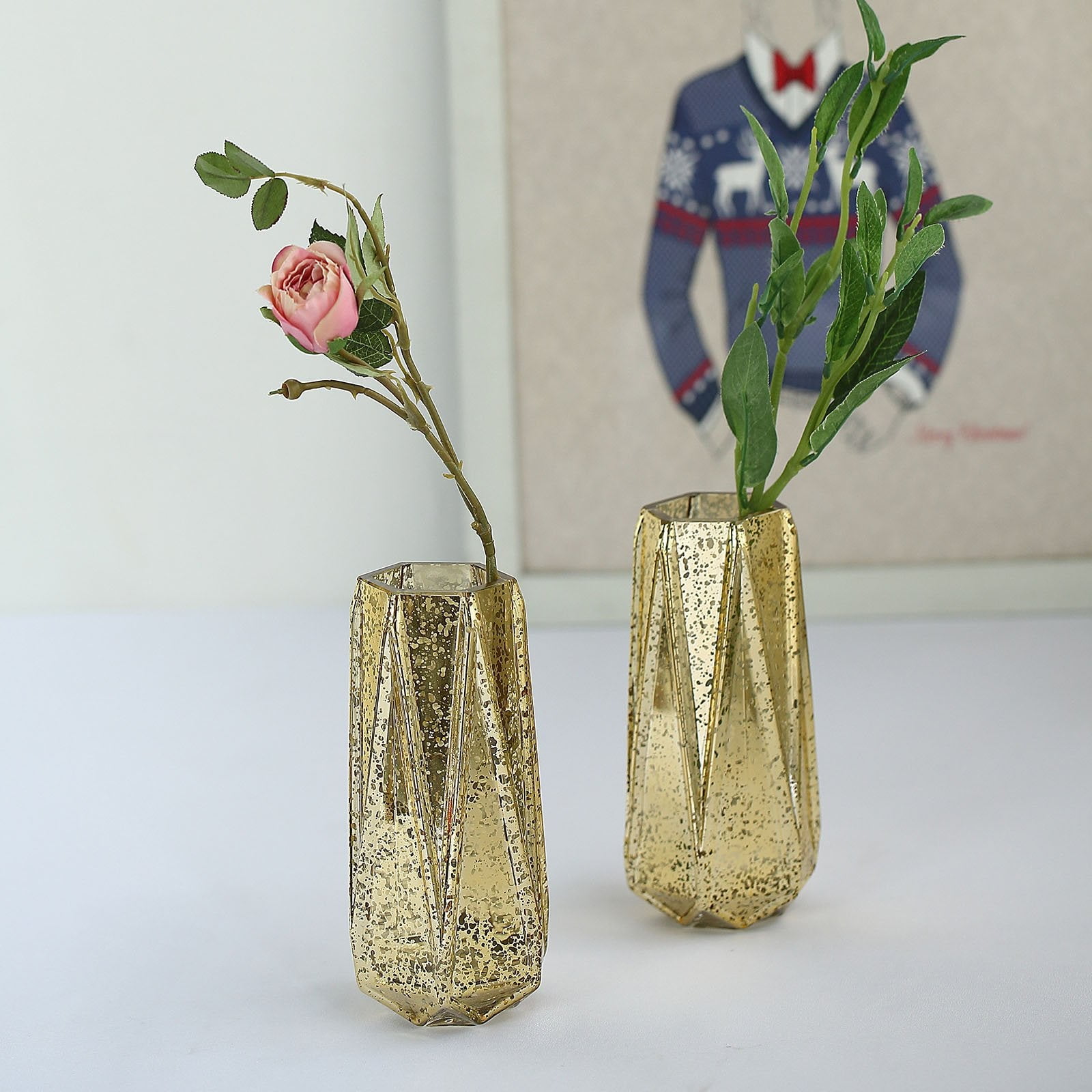 8" Gold Mercury Glass Geometric Flower Centerpiece Vases