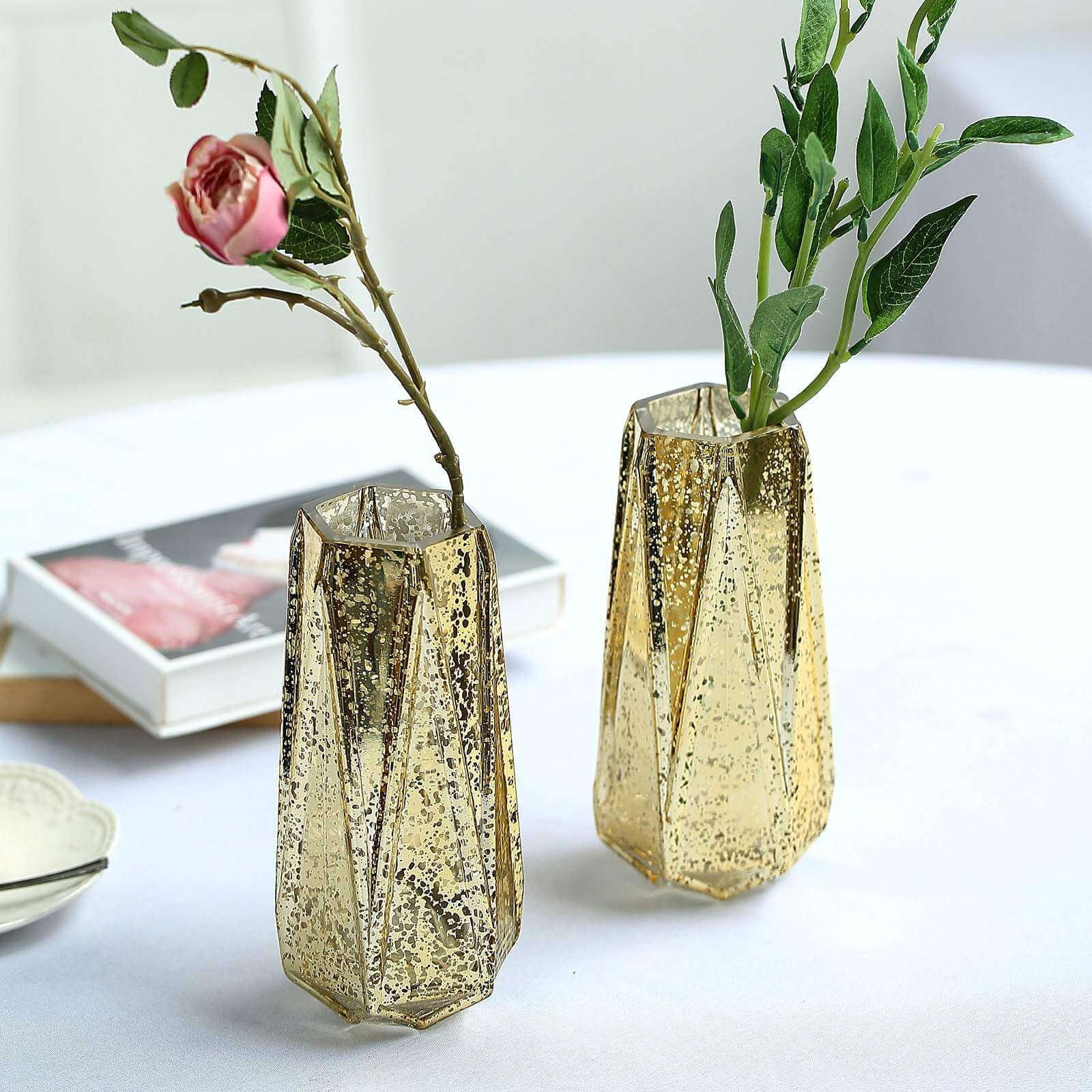 8" Gold Mercury Glass Geometric Flower Centerpiece Vases