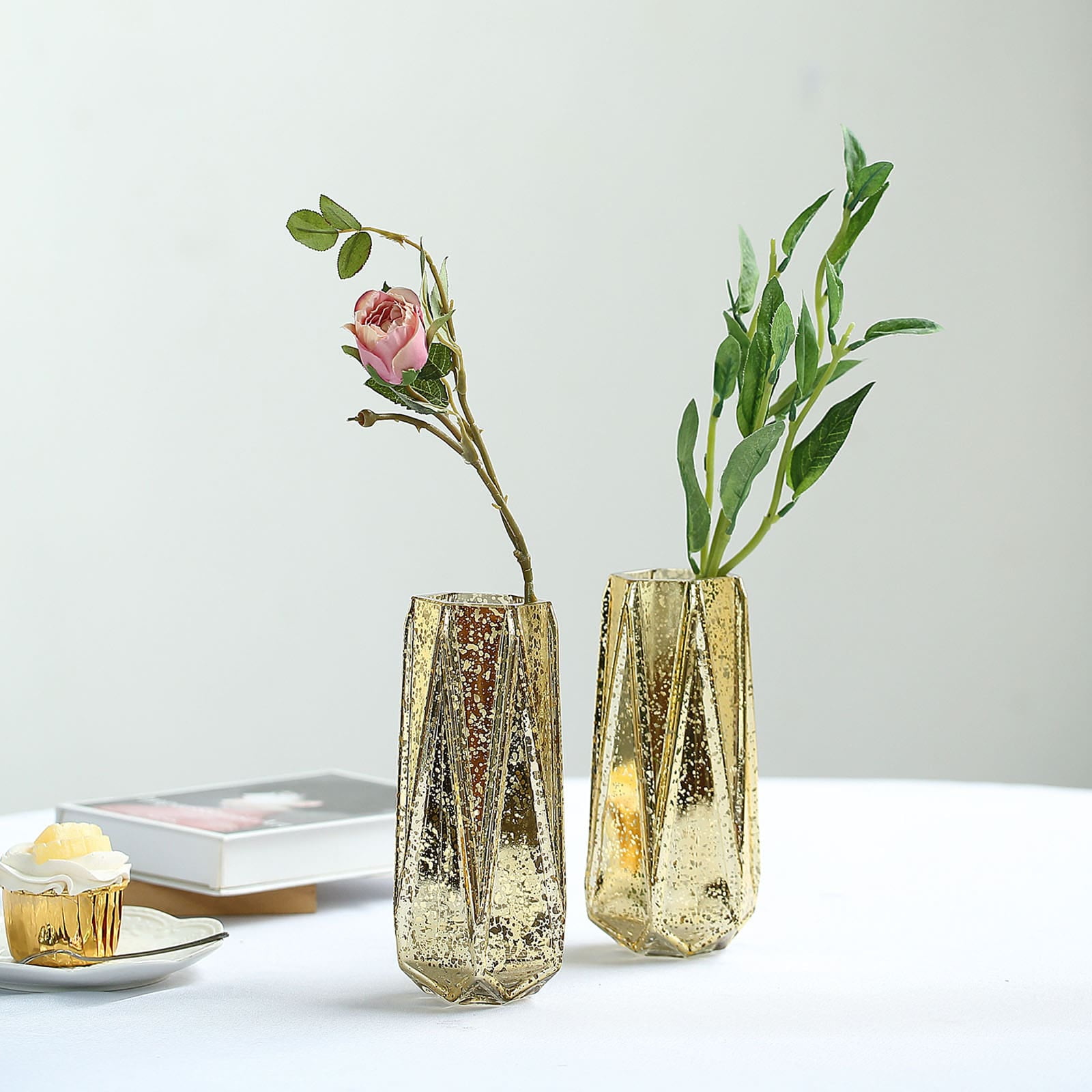 8" Gold Mercury Glass Geometric Flower Centerpiece Vases