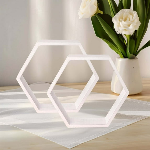 Efavormart 2 Pack | 9" Hexagon Whitewashed Wood Centerpiece, Geometric Terrarium, Honeycomb Storage Shelf
