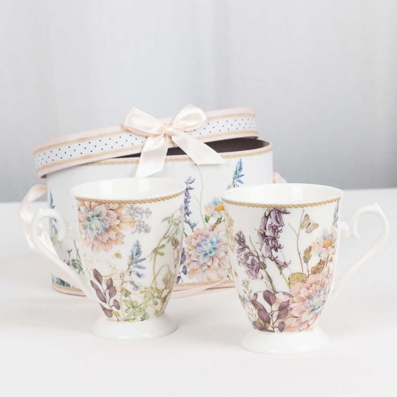 Efavormart 2 Pack Blush Floral Design Porcelain Coffee Mugs With Gift Box and Satin Ribbon Handle, Bridal Shower Gift Set